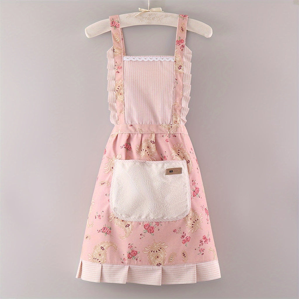 Women Kitchen Aprons Waist Strap Floral Cooking Baking Cleaning Apron with One Big Pocket