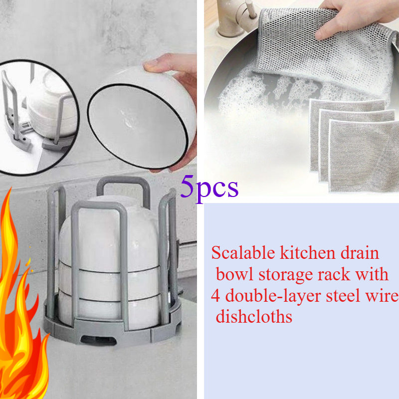 1pc Adjustable Kitchen Dish Rack, Rotatable Multi-Functional Bowl Storage Organizer, Plastic Material, with 4pcs Double-Layer Steel Wire Dish Cloths and Draining System