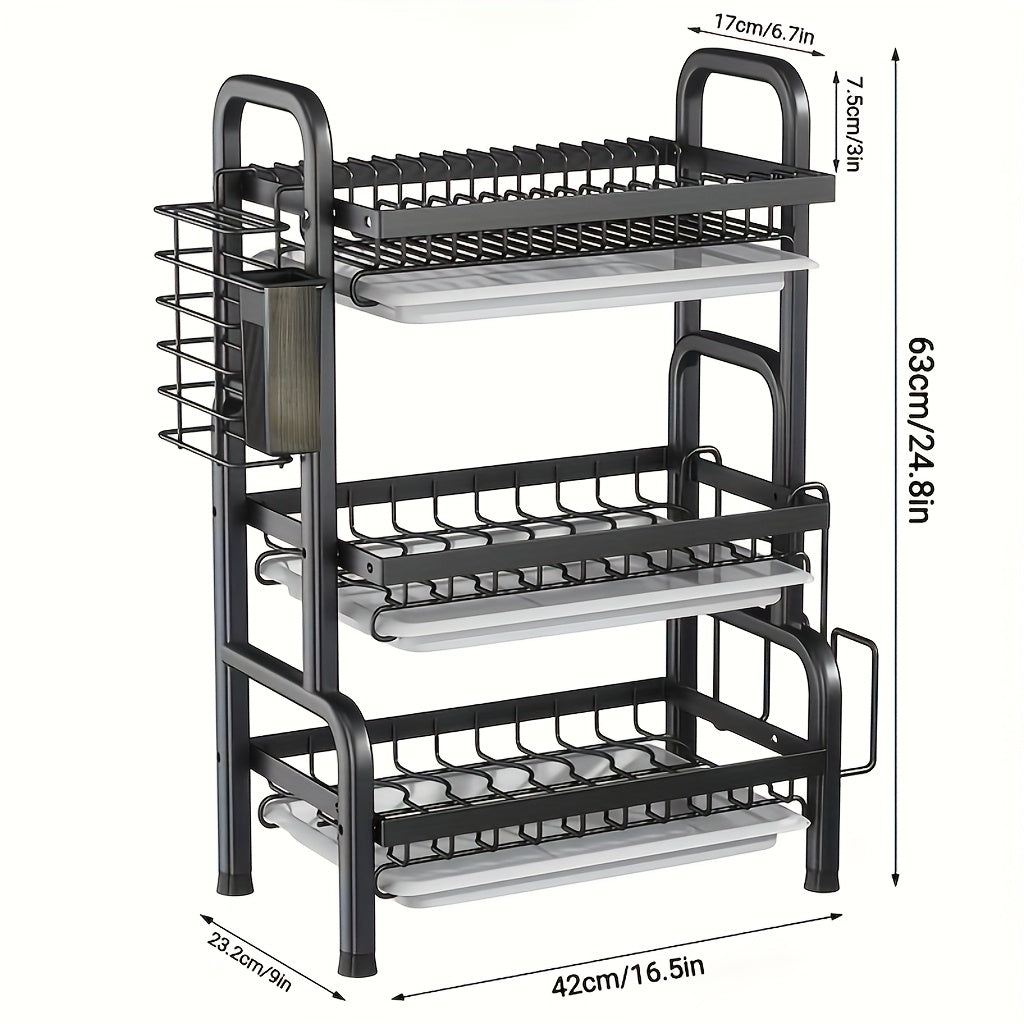 1pc Large Kitchen Double Layer Storage Rack, Quick Drain Multi Layer Storage, with Knife and Fork Holder, Cutting Board Holder, No Wet Tabletop - Multifunctional Tableware Rack, Suitable for Bowls, Plates and Tableware, etc