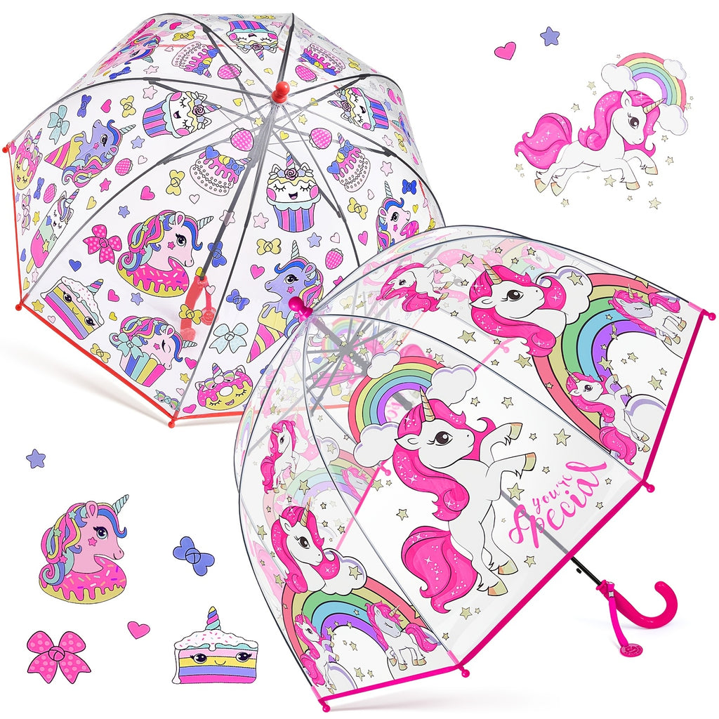 2pcs Parapluies à Bulles Licorne, Ouverture Automatique, 8 Barres, Manche en Fibre de Carbone & PE, Auvent en PVC Hydrofuge, Manche Courbé Facile à Tenir pour Garçons et Filles