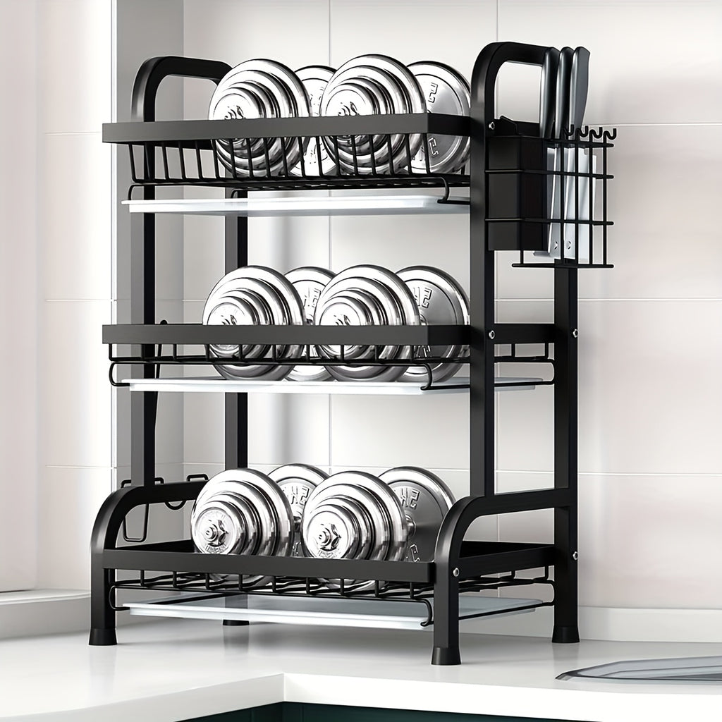 1pc Large Kitchen Double Layer Storage Rack, Quick Drain Multi Layer Storage, with Knife and Fork Holder, Cutting Board Holder, No Wet Tabletop - Multifunctional Tableware Rack, Suitable for Bowls, Plates and Tableware, etc