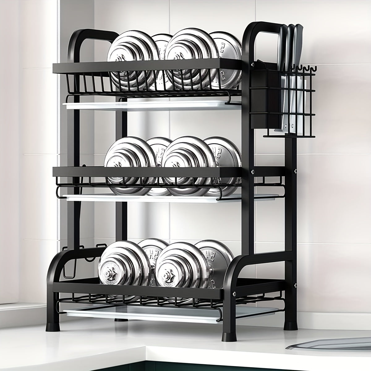 1pc Large Kitchen Double Layer Storage Rack, Quick Drain Multi Layer Storage, with Knife and Fork Holder, Cutting Board Holder, No Wet Tabletop - Multifunctional Tableware Rack, Suitable for Bowls, Plates and Tableware, etc