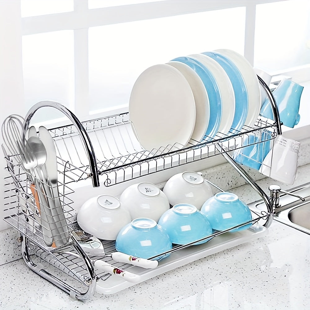 Dual-Tier S-Shaped Stainless Steel Dish Rack - Space-Saving, Countertop Kitchen Organizer for Plates and Bowls, Easy Assembly, Durable Iron Frame, Kitchen Storage Solution|Sleek Metal Rack|Stainless Steel Rack