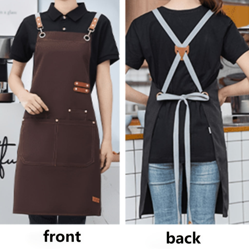 Unisex Canvas Cross-Back Apron with Adjustable Shoulder Straps and Large Pockets for Kitchen Cooking