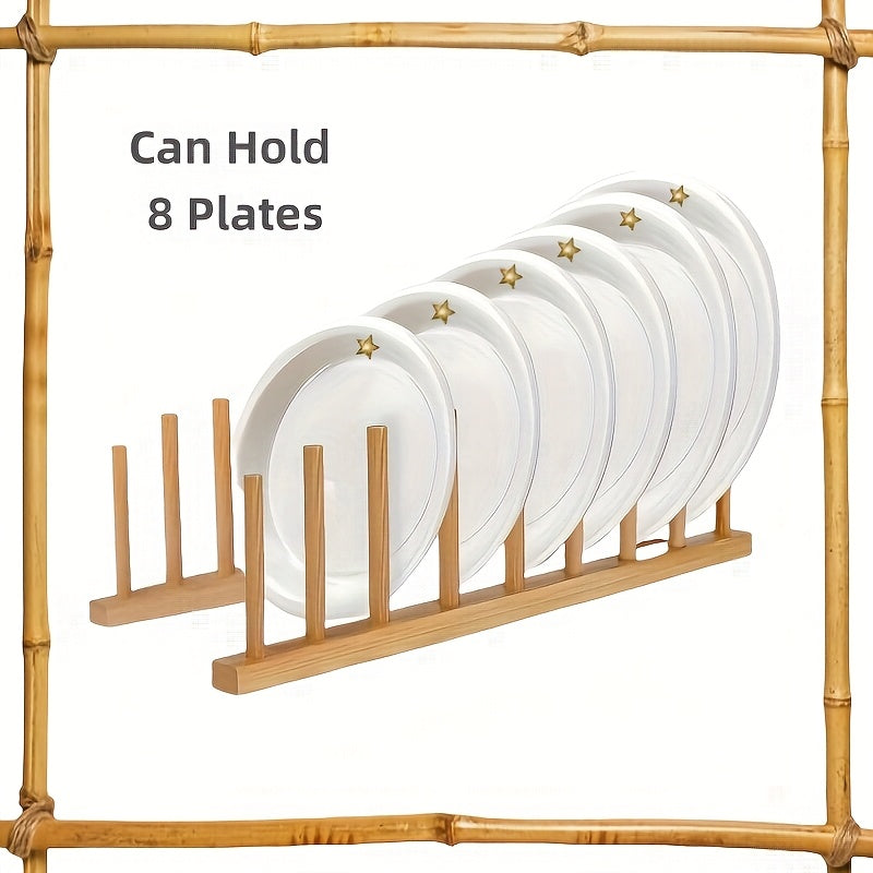 A bamboo and wooden bowl holder for 8 plates, suitable for kitchen cabinet storage, capable of holding cups, books, POTS, LIDS and cutting boards, vertically drained and kept dry, suitable for bowls, plates, cups, pot LIDS and cutting boards.