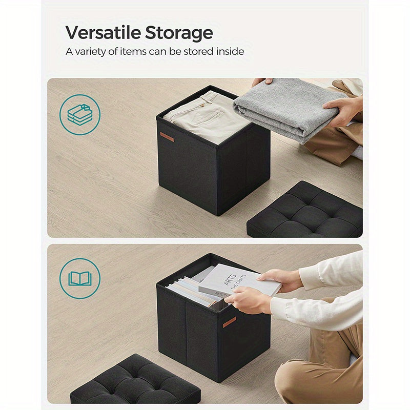 SONGMICS Foldable Storage Ottoman, 11.8 Inch Cube Foot Stool with Sturdy Wooden Frame, Black Compact Footrest for Relaxation and Organization, Supports up to 286 lb