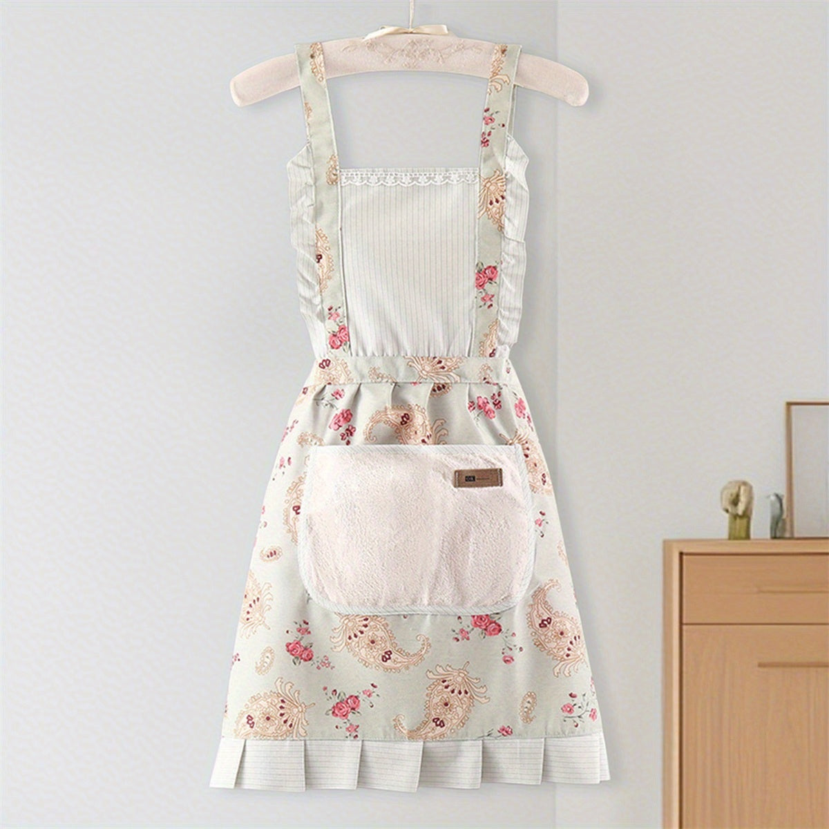 Women Kitchen Aprons Waist Strap Floral Cooking Baking Cleaning Apron with One Big Pocket