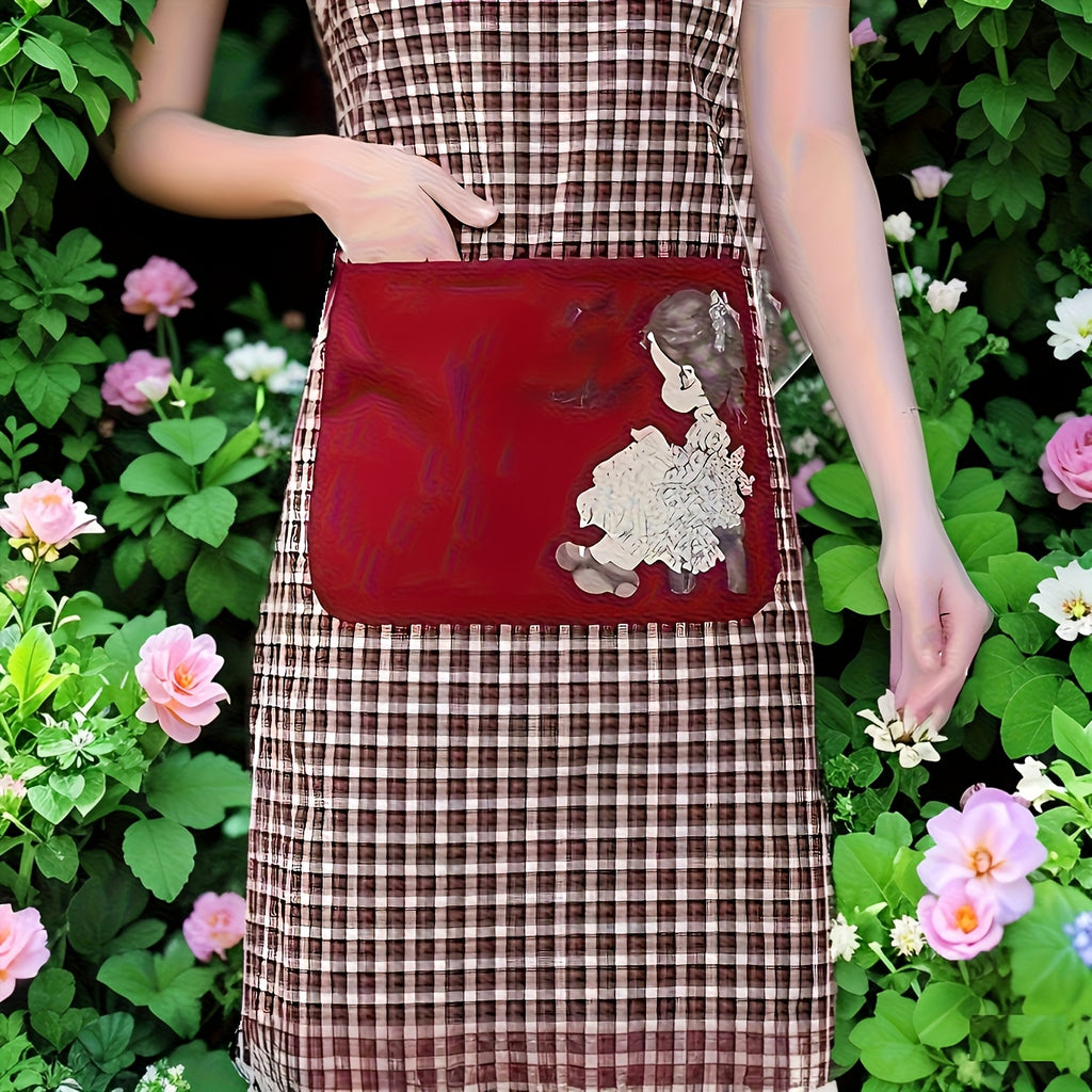 Plaid And Portrait Printed Apron with Pockets, Breathable And Soft, Youthful Style, Machine Washable, All Season Courtyard Outdoor Garden Apron, Women'S Clothing, Fashionable, Red Theme