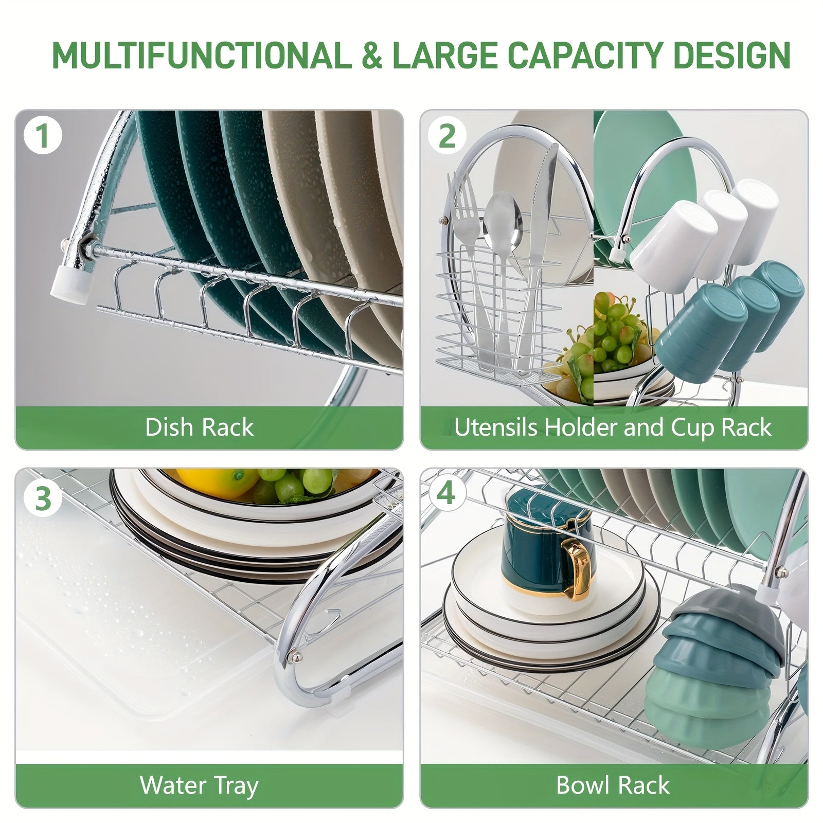 Dual-Tier S-Shaped Stainless Steel Dish Rack - Space-Saving, Countertop Kitchen Organizer for Plates and Bowls, Easy Assembly, Durable Iron Frame, Kitchen Storage Solution|Sleek Metal Rack|Stainless Steel Rack