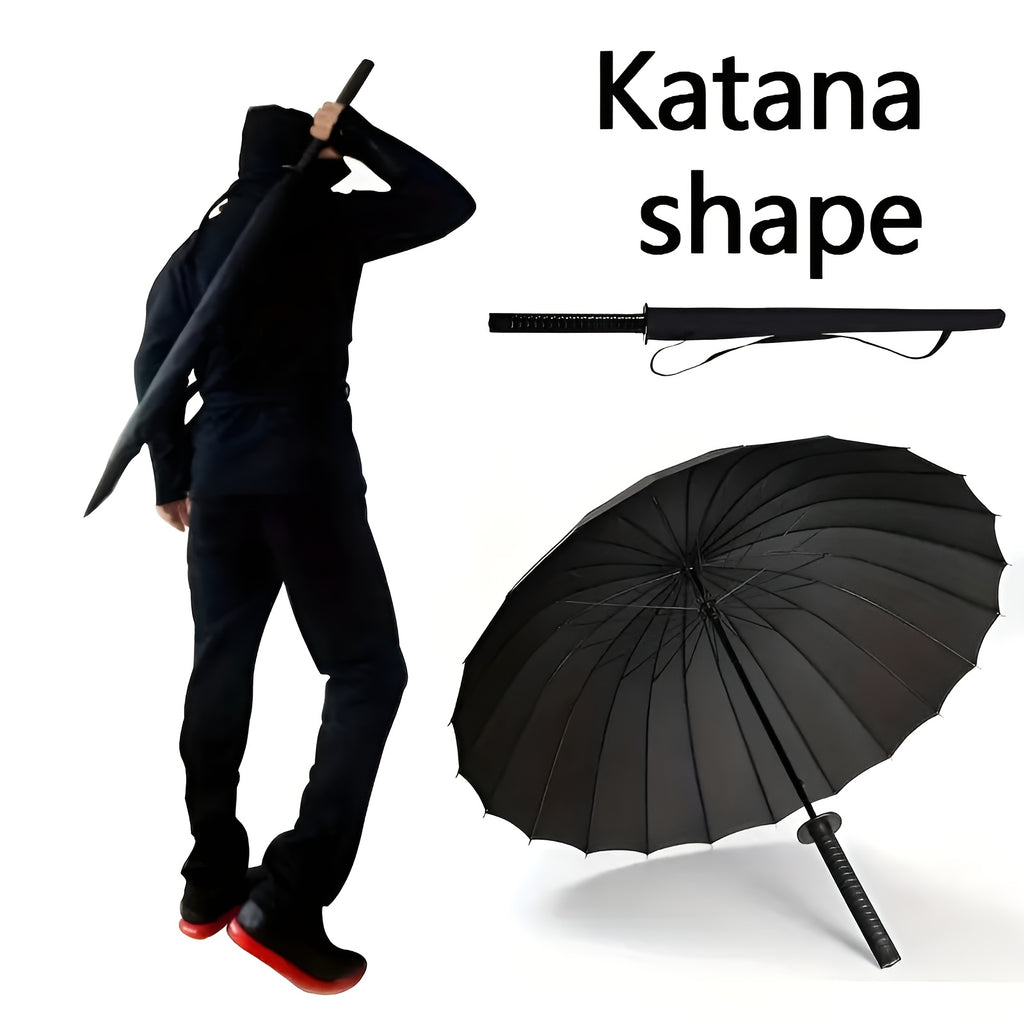 Parapluie à Manche Épée de Samouraï Créatif - Parapluie Pliant Coupe-Vent à 16 Nervures, Ouverture\u002FFermeture Semi-Automatique, Dôme Durable en 190T & Cadre en Fibre de Verre, Portable pour Voyage & Cadeau d'Anniversaire, Noir Élégant, Design Compact