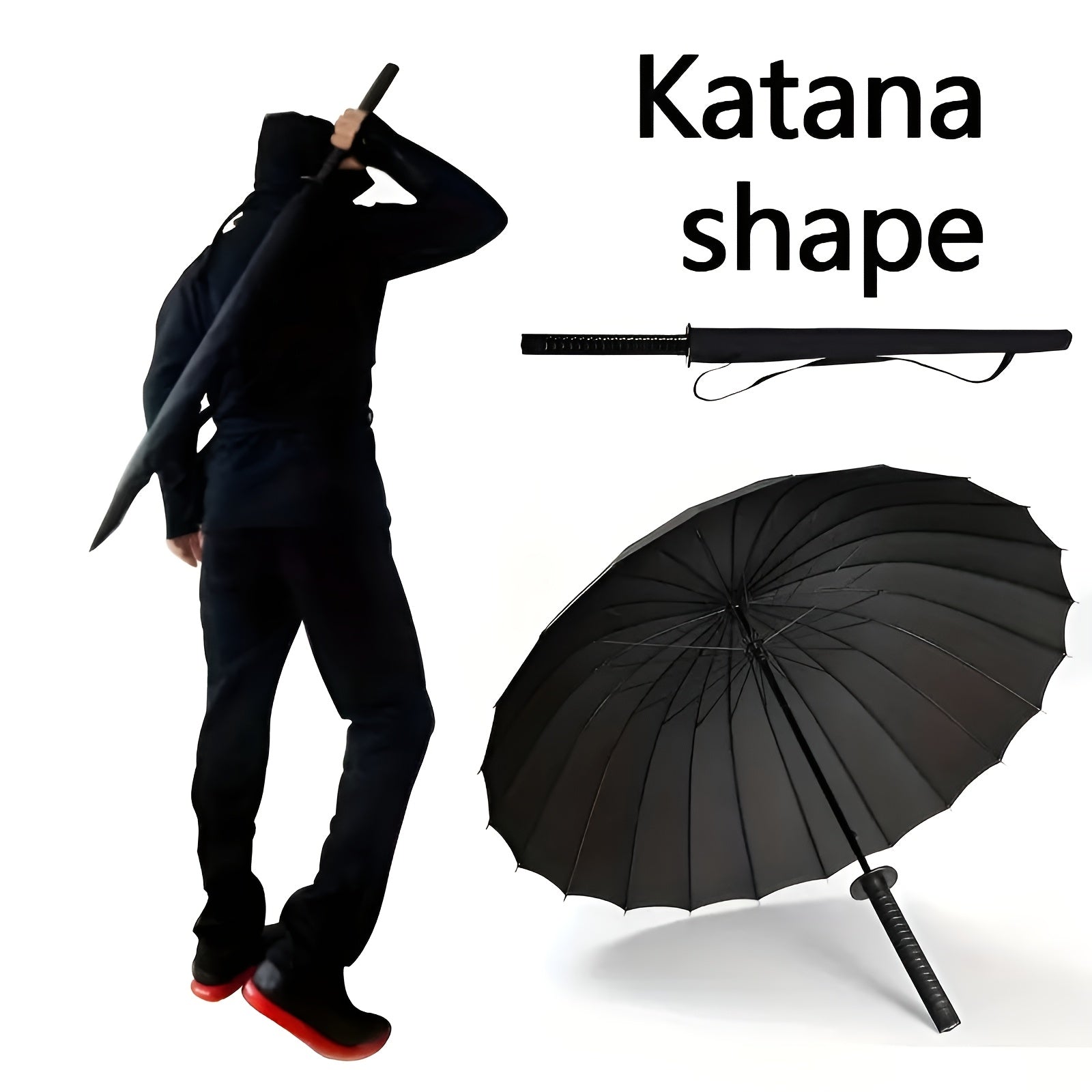 Parapluie à Manche Épée de Samouraï Créatif - Parapluie Pliant Coupe-Vent à 16 Nervures, Ouverture\u002FFermeture Semi-Automatique, Dôme Durable en 190T & Cadre en Fibre de Verre, Portable pour Voyage & Cadeau d'Anniversaire, Noir Élégant, Design Compact