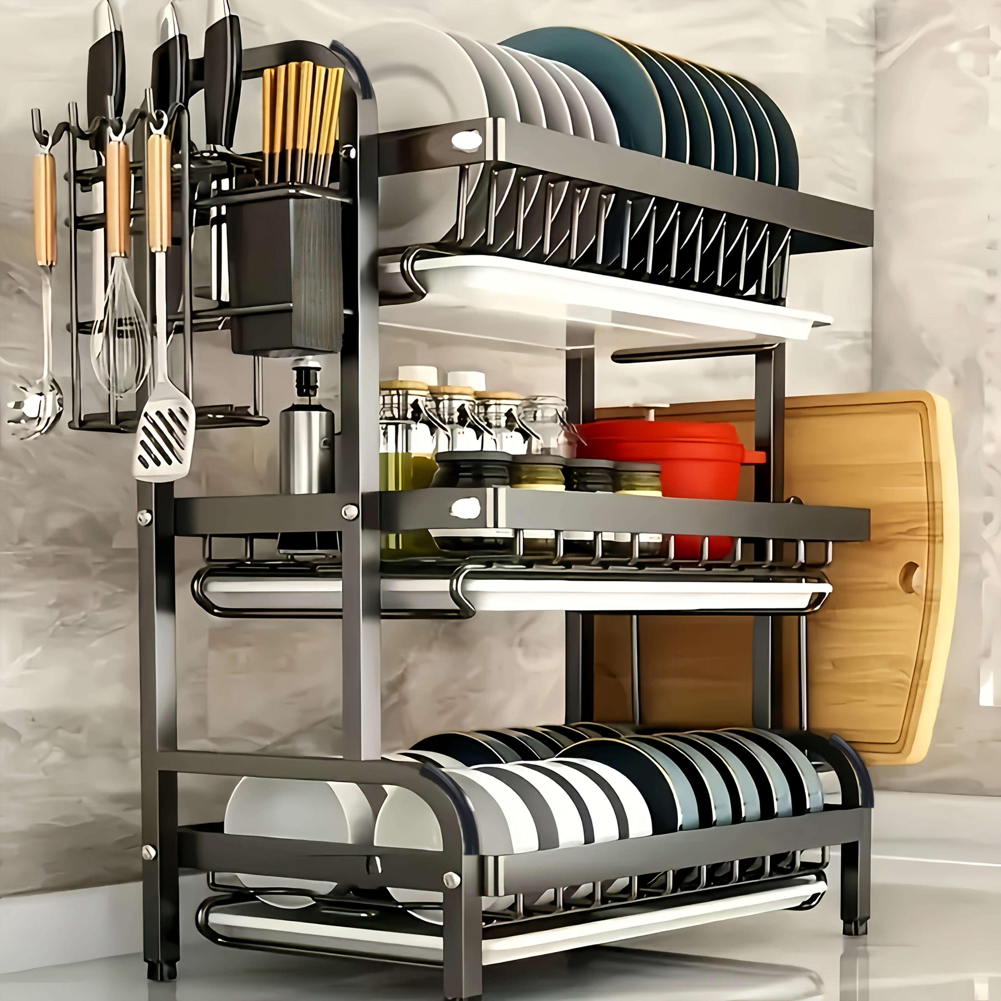 1pc Large Kitchen Double Layer Storage Rack, Quick Drain Multi Layer Storage, with Knife and Fork Holder, Cutting Board Holder, No Wet Tabletop - Multifunctional Tableware Rack, Suitable for Bowls, Plates and Tableware, etc