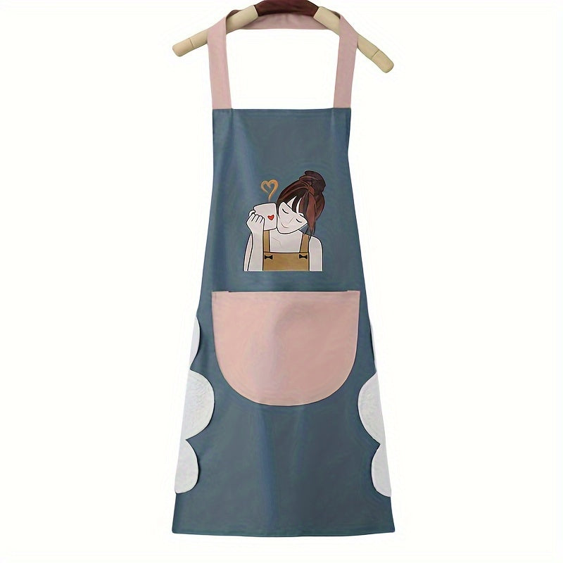 1pc Scratchable Kitchen Apron - Oil & High Quality PVC with Adjustable Neck Strap, Cute Cartoon Character Design & Cloud Pocket - Durable Easy-Clean for Cooking Baking Grilling (Blue & Pink), Grilling Apparel | Easyclean Material