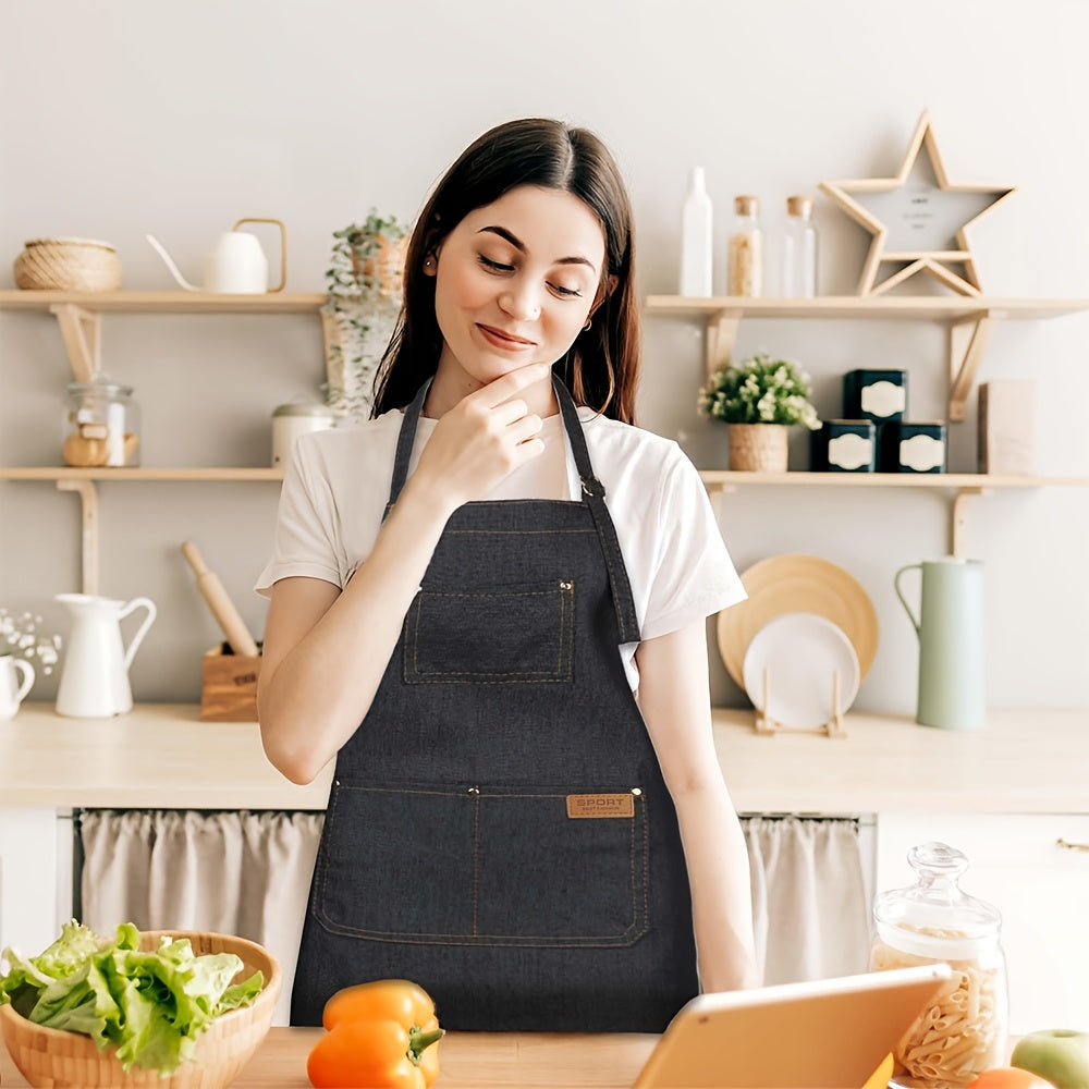 Denim Apron with Pockets - Durable Jean Canvas for Kitchen, Hairdressing & Work