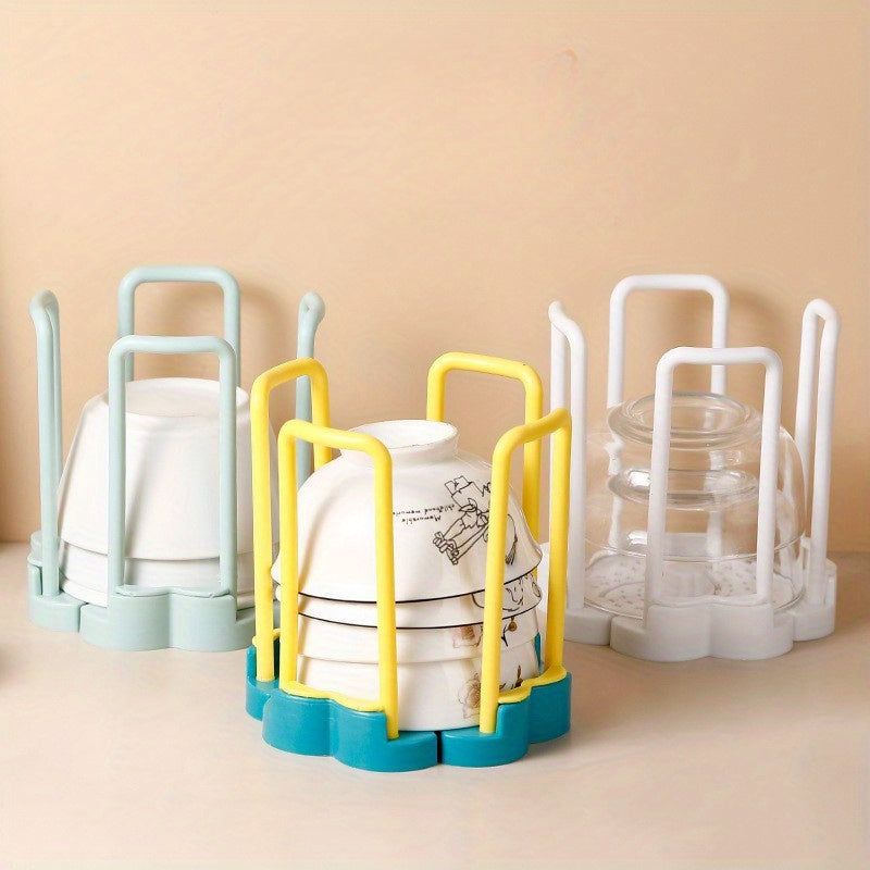 1pc Adjustable Kitchen Dish Rack, Rotatable Multi-Functional Bowl Storage Organizer, Plastic Material, with 4pcs Double-Layer Steel Wire Dish Cloths and Draining System