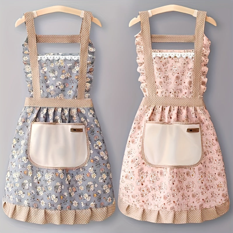 Floral Lace Princess Apron with Hand Wipe Pocket - Polyester, Adjustable Straps, Ruffled Hem, Ideal for Kitchen, Living Room, Bathroom Cleaning | Available in Pink & Green
