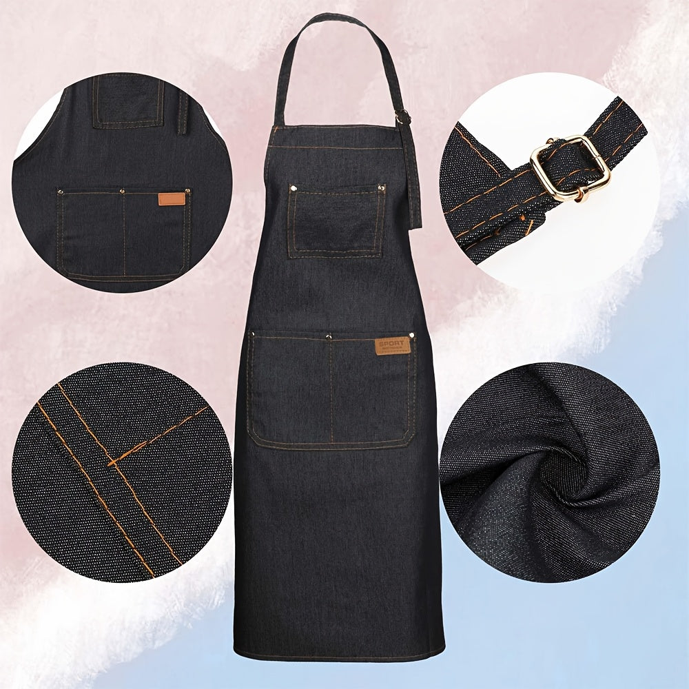 Denim Apron with Pockets - Durable Jean Canvas for Kitchen, Hairdressing & Work