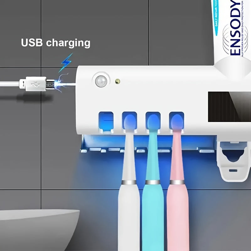 1pc Brosse à dents, distributeur de dentifrice intelligent mural à 4 fentes, support mural pour brosse à dents, accessoires de salle de bain, porte-brosse à dents, support de brosse à dents sans perçage avec kit distributeur de dentifrice à presser