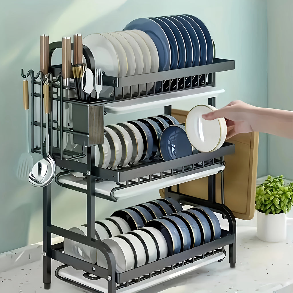 1pc Large Kitchen Double Layer Storage Rack, Quick Drain Multi Layer Storage, with Knife and Fork Holder, Cutting Board Holder, No Wet Tabletop - Multifunctional Tableware Rack, Suitable for Bowls, Plates and Tableware, etc