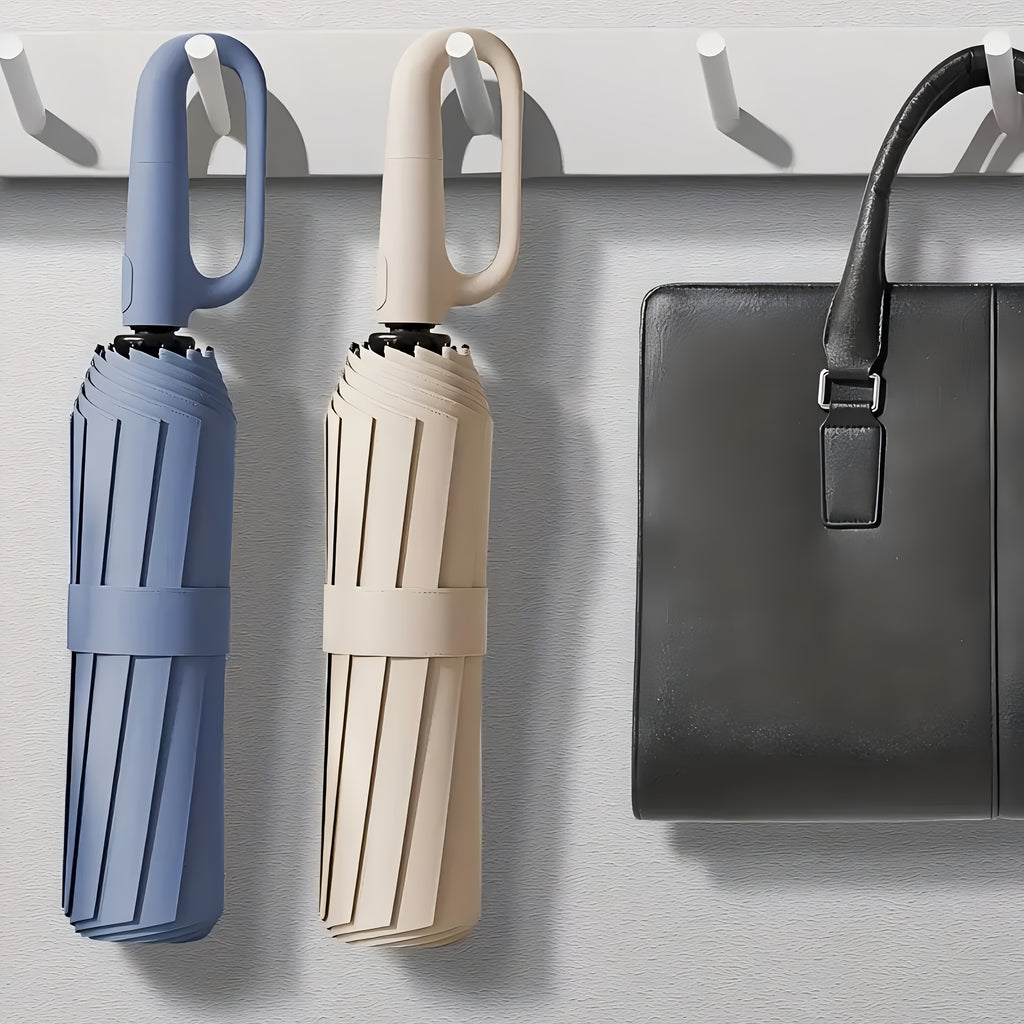 Parapluie Pliable Automatique Étanche, Protection Solaire Renforcée à 8 Nervures avec Colle Noire, Forme Ronde, Tige en Fer, Polyvalent - Noir, Épais