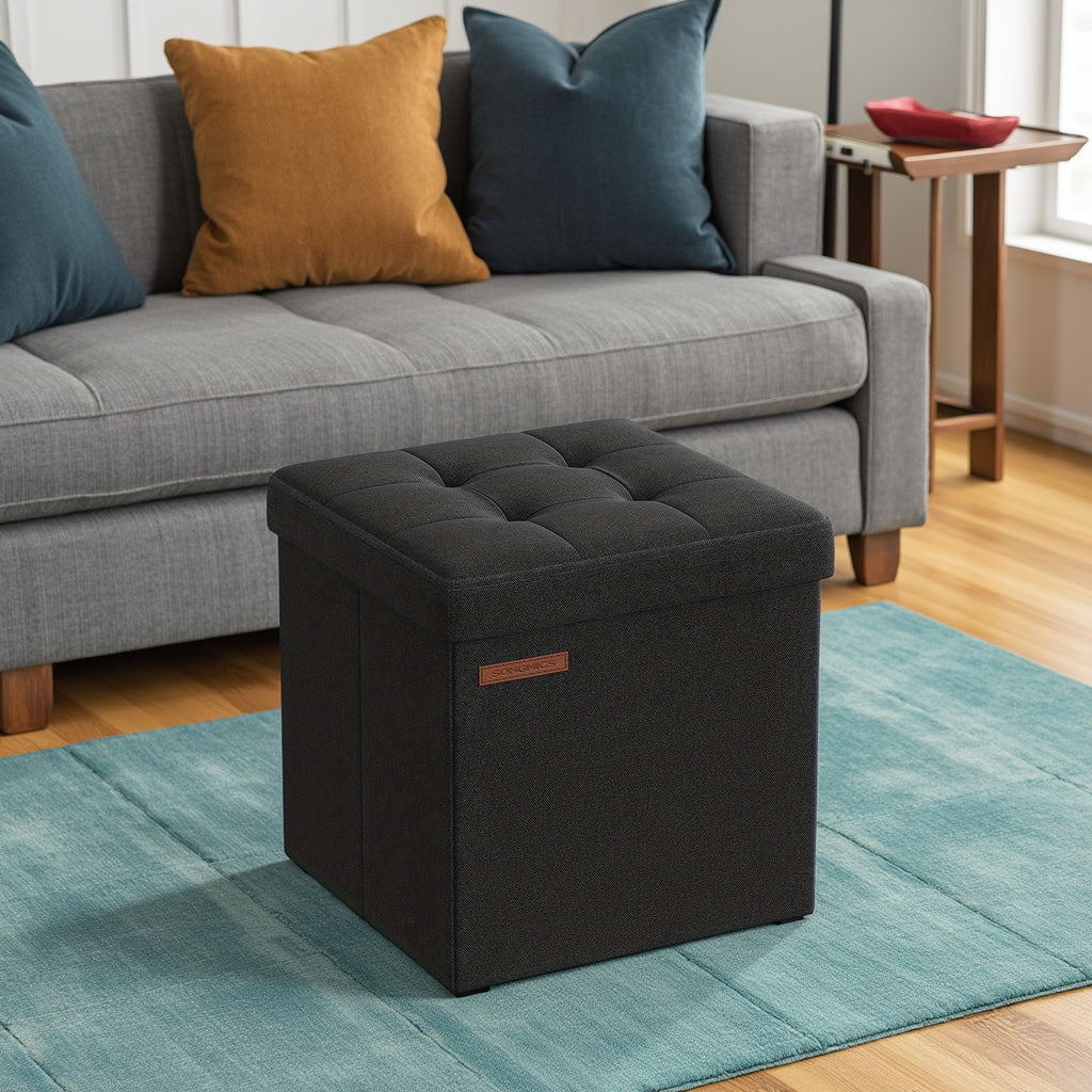 SONGMICS Foldable Storage Ottoman, 11.8 Inch Cube Foot Stool with Sturdy Wooden Frame, Black Compact Footrest for Relaxation and Organization, Supports up to 286 lb