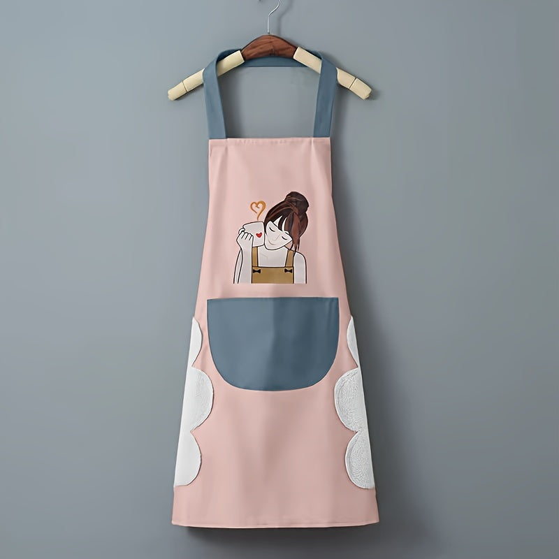 1pc Scratchable Kitchen Apron - Oil & High Quality PVC with Adjustable Neck Strap, Cute Cartoon Character Design & Cloud Pocket - Durable Easy-Clean for Cooking Baking Grilling (Blue & Pink), Grilling Apparel | Easyclean Material
