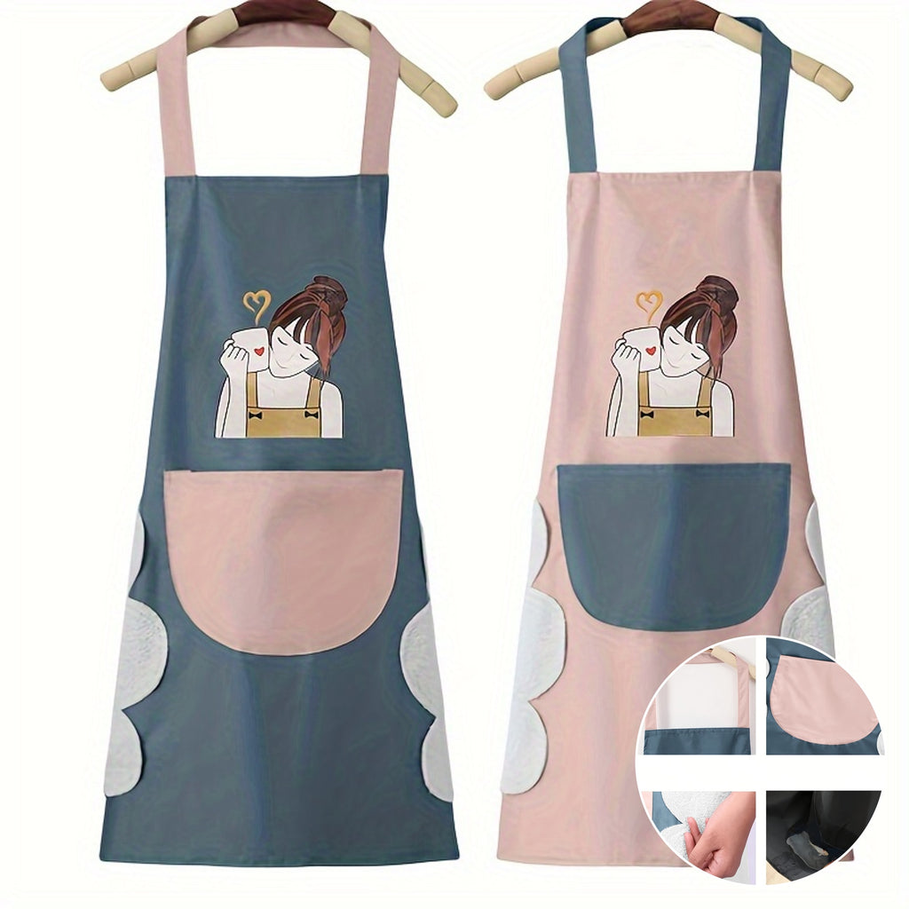 1pc Scratchable Kitchen Apron - Oil & High Quality PVC with Adjustable Neck Strap, Cute Cartoon Character Design & Cloud Pocket - Durable Easy-Clean for Cooking Baking Grilling (Blue & Pink), Grilling Apparel | Easyclean Material