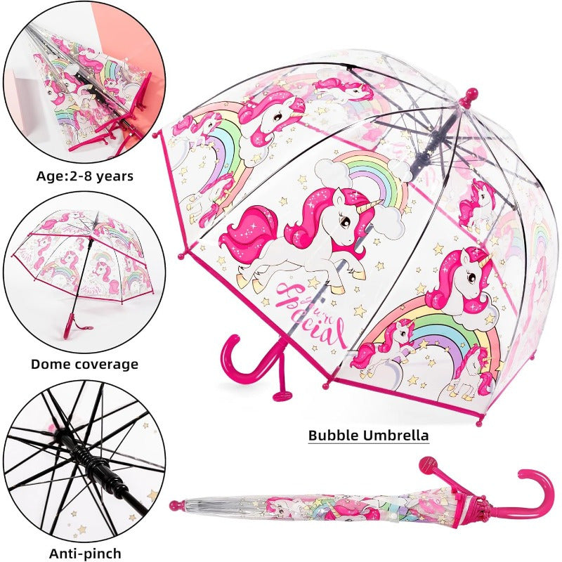 2pcs Parapluies à Bulles Licorne, Ouverture Automatique, 8 Barres, Manche en Fibre de Carbone & PE, Auvent en PVC Hydrofuge, Manche Courbé Facile à Tenir pour Garçons et Filles