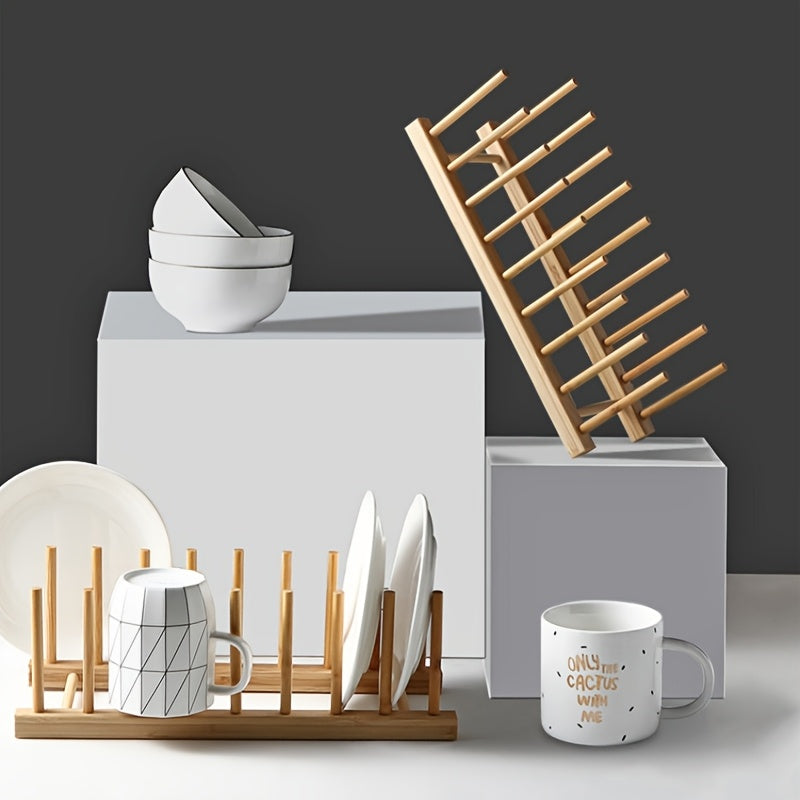 A bamboo and wooden bowl holder for 8 plates, suitable for kitchen cabinet storage, capable of holding cups, books, POTS, LIDS and cutting boards, vertically drained and kept dry, suitable for bowls, plates, cups, pot LIDS and cutting boards.