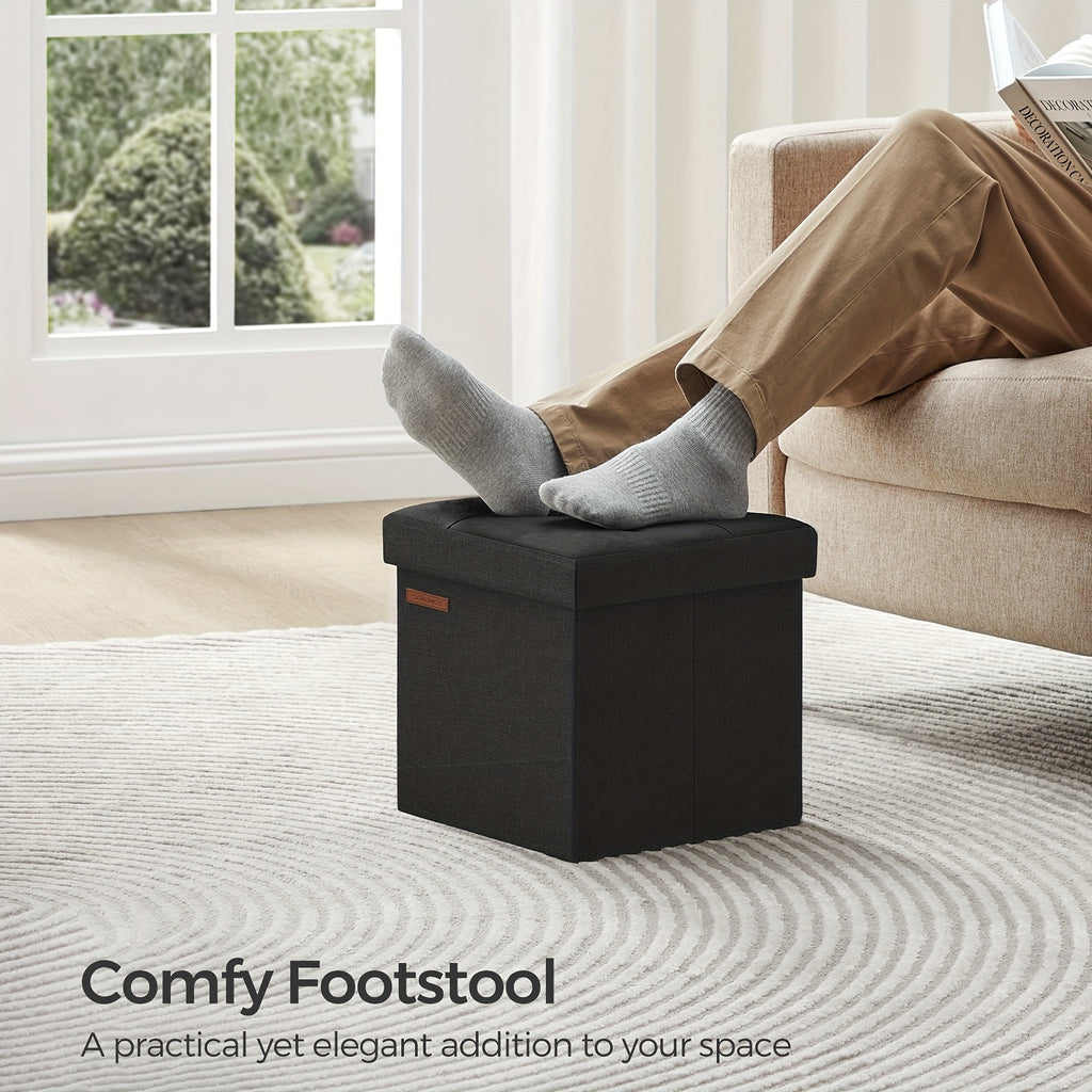 SONGMICS Foldable Storage Ottoman, 11.8 Inch Cube Foot Stool with Sturdy Wooden Frame, Black Compact Footrest for Relaxation and Organization, Supports up to 286 lb