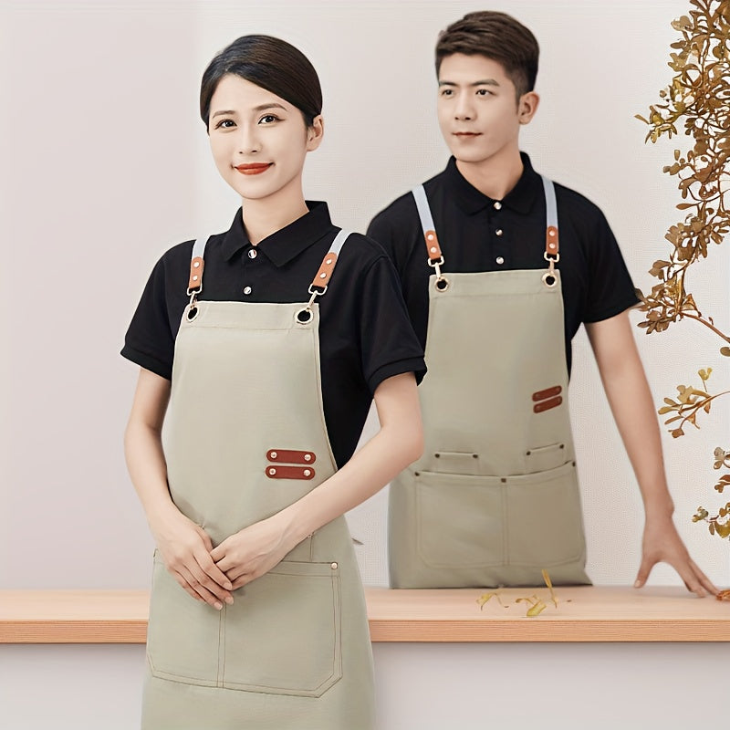 Unisex Canvas Cross-Back Apron with Adjustable Shoulder Straps and Large Pockets for Kitchen Cooking