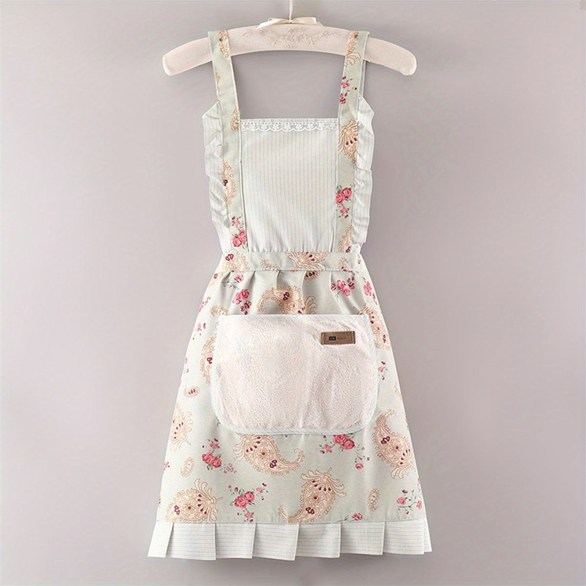 Women Kitchen Aprons Waist Strap Floral Cooking Baking Cleaning Apron with One Big Pocket