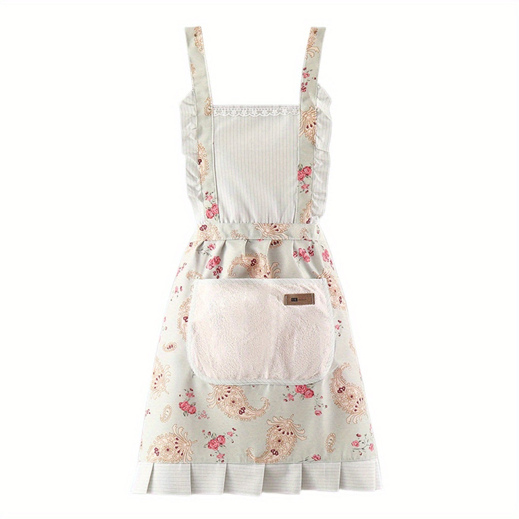 Women Kitchen Aprons Waist Strap Floral Cooking Baking Cleaning Apron with One Big Pocket