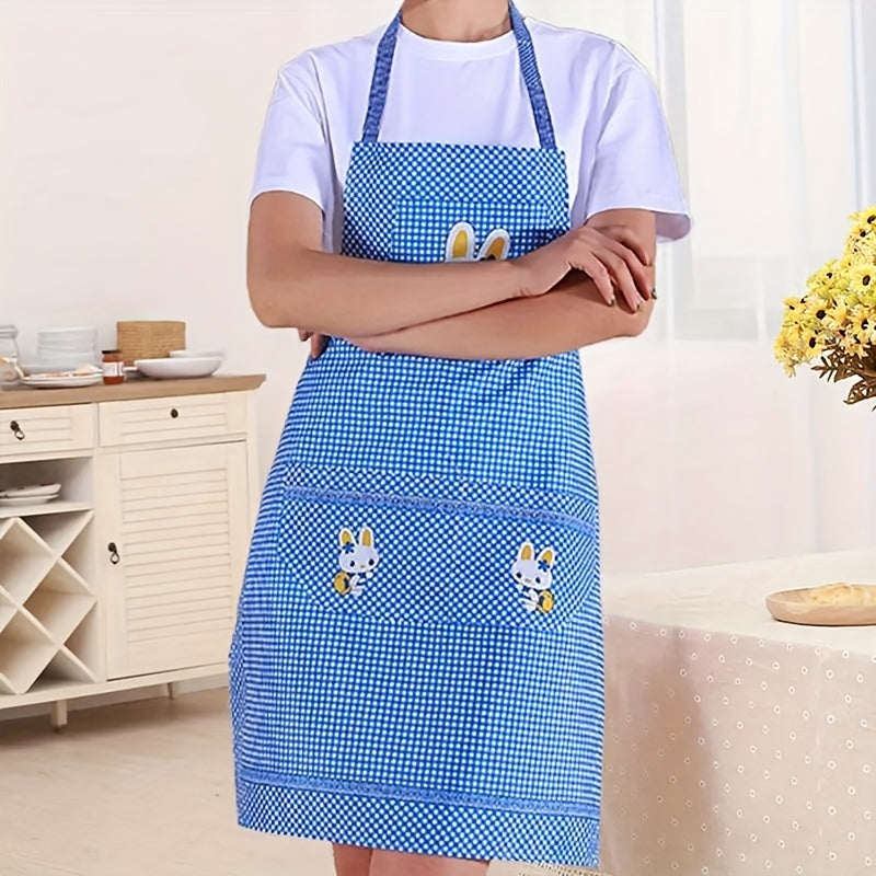 1pc Cute Bunny Apron - Stylish Purple & White Checkered Design with Rabbit Ears, Breathable Polyester for Cooking and Dining, Kitchen Wear