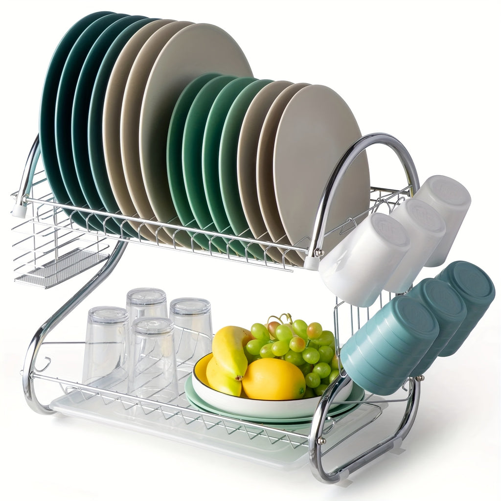 Dual-Tier S-Shaped Stainless Steel Dish Rack - Space-Saving, Countertop Kitchen Organizer for Plates and Bowls, Easy Assembly, Durable Iron Frame, Kitchen Storage Solution|Sleek Metal Rack|Stainless Steel Rack