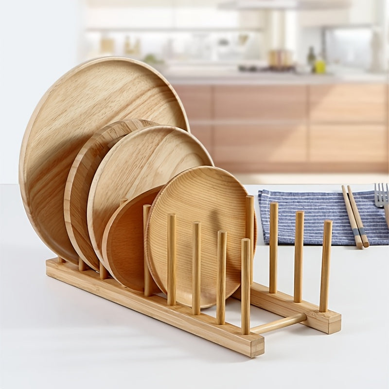 A bamboo and wooden bowl holder for 8 plates, suitable for kitchen cabinet storage, capable of holding cups, books, POTS, LIDS and cutting boards, vertically drained and kept dry, suitable for bowls, plates, cups, pot LIDS and cutting boards.