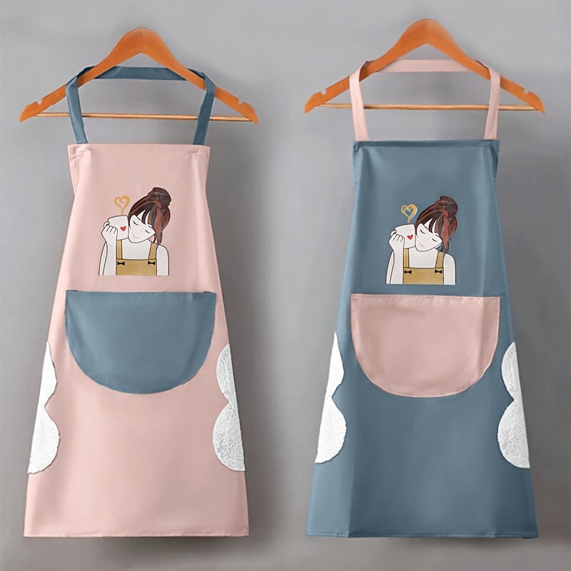 1pc Scratchable Kitchen Apron - Oil & High Quality PVC with Adjustable Neck Strap, Cute Cartoon Character Design & Cloud Pocket - Durable Easy-Clean for Cooking Baking Grilling (Blue & Pink), Grilling Apparel | Easyclean Material