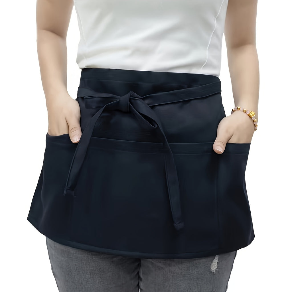 1pc Black Server Apron with 3 Pockets - Oil-Resistant Half Body Waist Skirt for Waitresses, Chefs, and Gardeners - Ideal for Cooking, Baking, and Seamstress Work