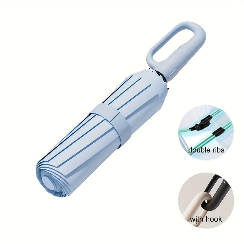 Parapluie Pliable Automatique Étanche, Protection Solaire Renforcée à 8 Nervures avec Colle Noire, Forme Ronde, Tige en Fer, Polyvalent - Noir, Épais