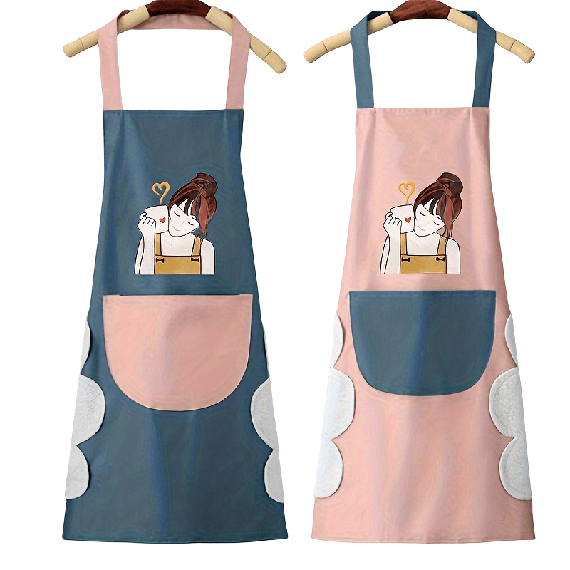 1pc Scratchable Kitchen Apron - Oil & High Quality PVC with Adjustable Neck Strap, Cute Cartoon Character Design & Cloud Pocket - Durable Easy-Clean for Cooking Baking Grilling (Blue & Pink), Grilling Apparel | Easyclean Material
