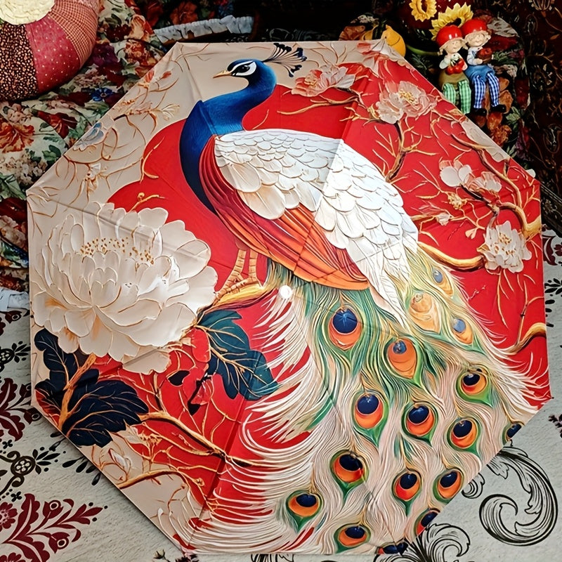 Parapluie pliant motif paon coloré avec protection UV - Compact, léger et résistant pour soleil ou pluie - Design floral rouge, blanc, bleu, vert, jaune et orange - Ouverture manuelle, 8 baleines en acier