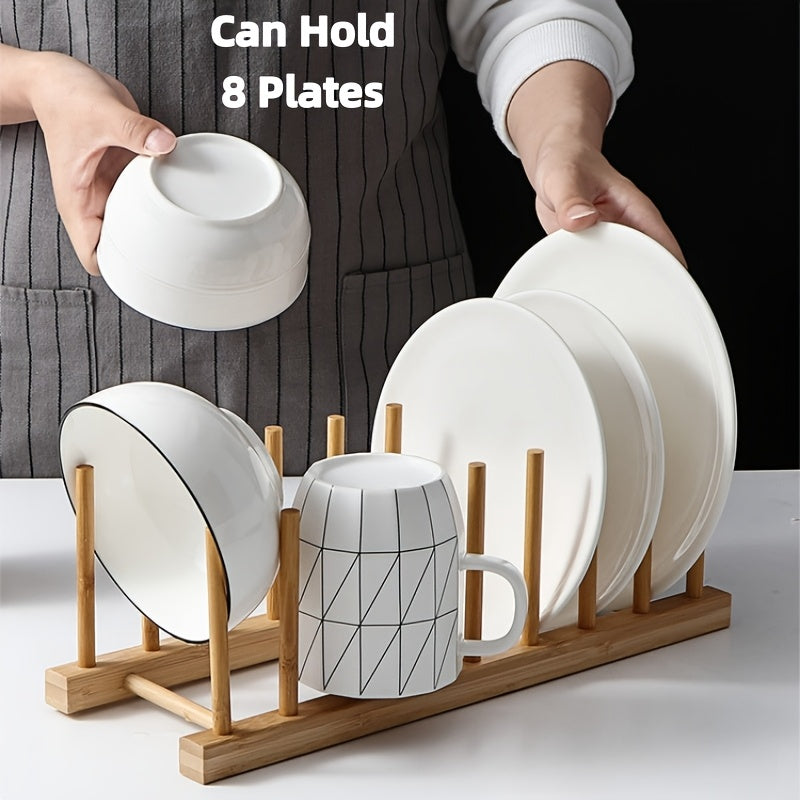 A bamboo and wooden bowl holder for 8 plates, suitable for kitchen cabinet storage, capable of holding cups, books, POTS, LIDS and cutting boards, vertically drained and kept dry, suitable for bowls, plates, cups, pot LIDS and cutting boards.
