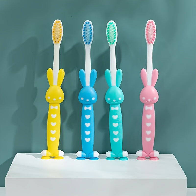 4 brosses à dents souples à tête petite - Motifs ours et lapin, soies fines, 4 couleurs macaron