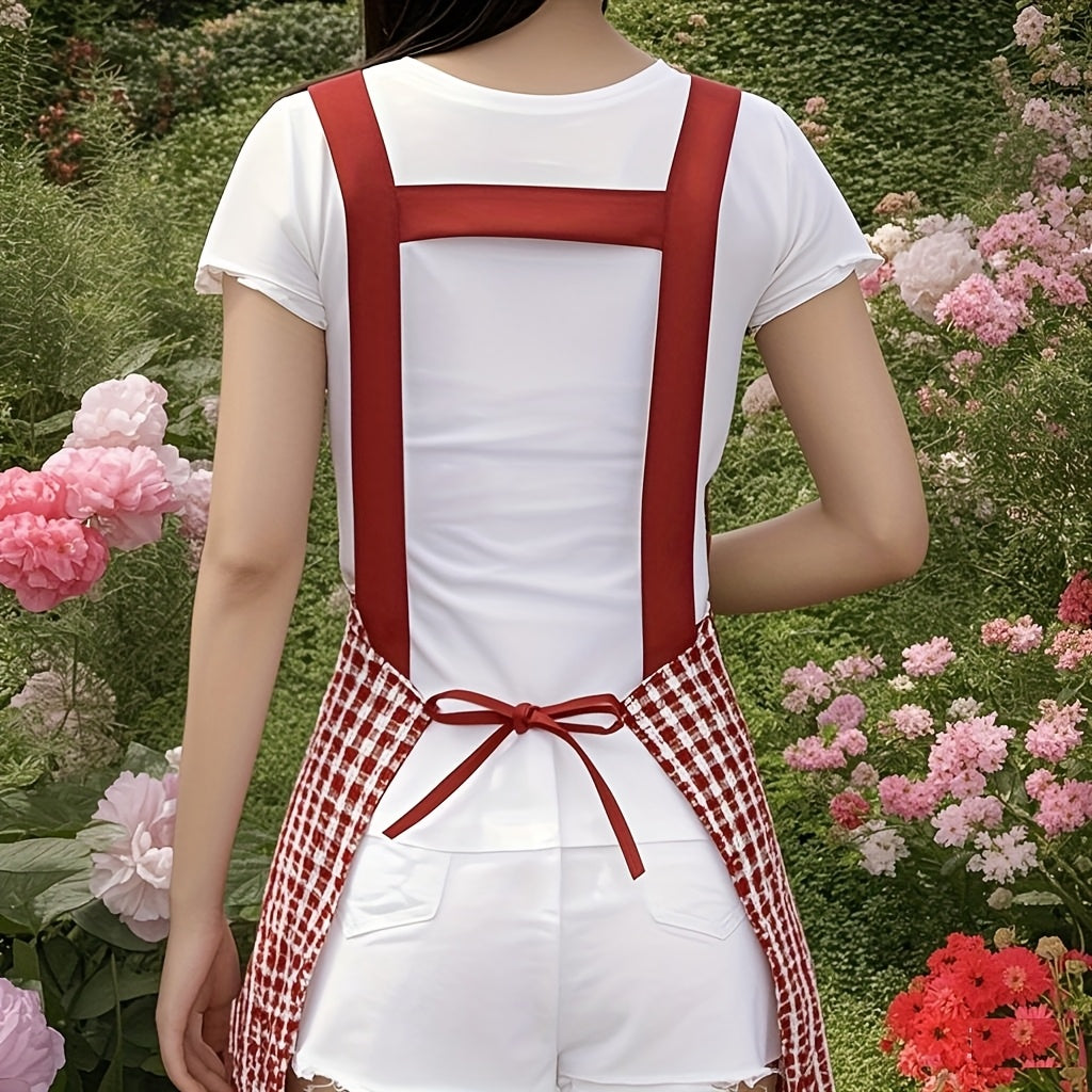 Plaid And Portrait Printed Apron with Pockets, Breathable And Soft, Youthful Style, Machine Washable, All Season Courtyard Outdoor Garden Apron, Women'S Clothing, Fashionable, Red Theme