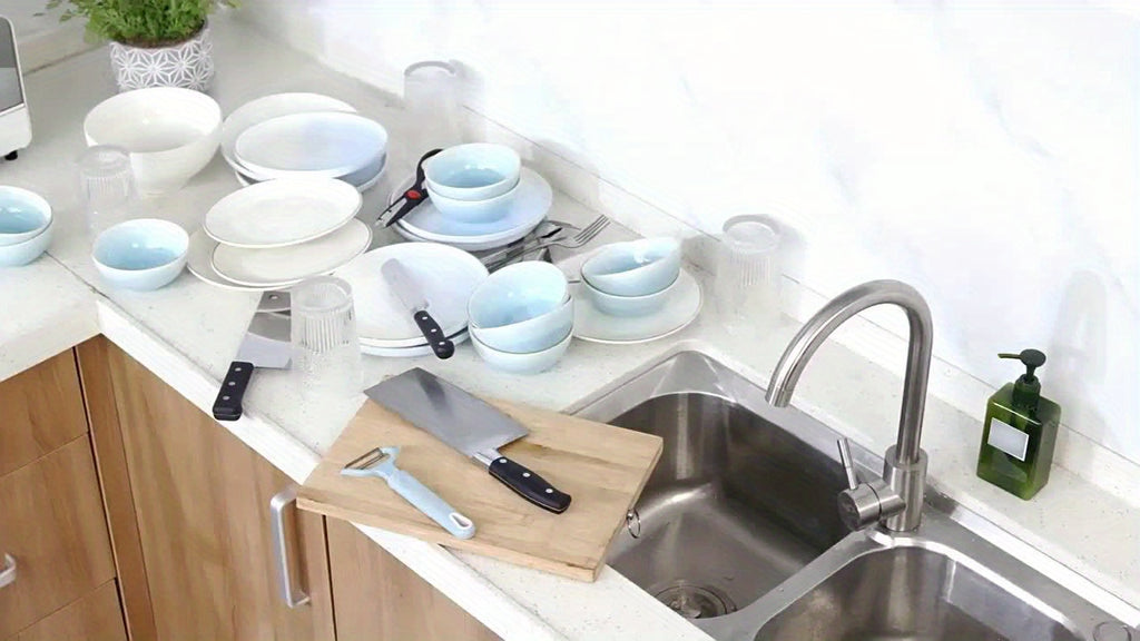 1pc Large Kitchen Double Layer Storage Rack, Quick Drain Multi Layer Storage, with Knife and Fork Holder, Cutting Board Holder, No Wet Tabletop - Multifunctional Tableware Rack, Suitable for Bowls, Plates and Tableware, etc