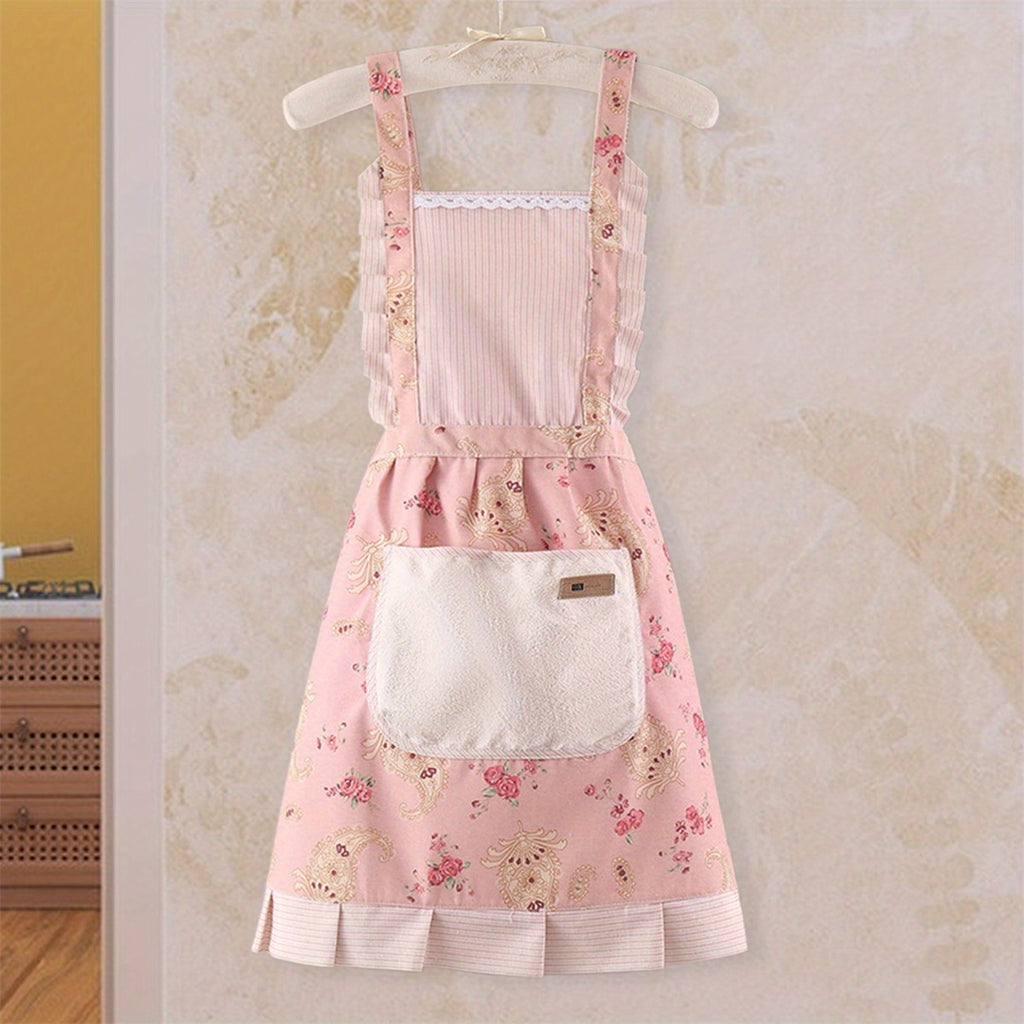 Women Kitchen Aprons Waist Strap Floral Cooking Baking Cleaning Apron with One Big Pocket