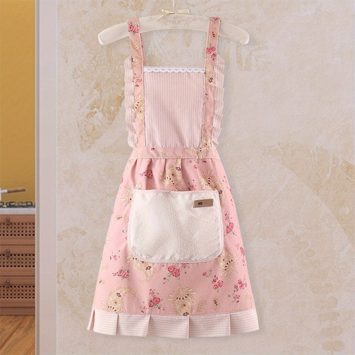 Women Kitchen Aprons Waist Strap Floral Cooking Baking Cleaning Apron with One Big Pocket