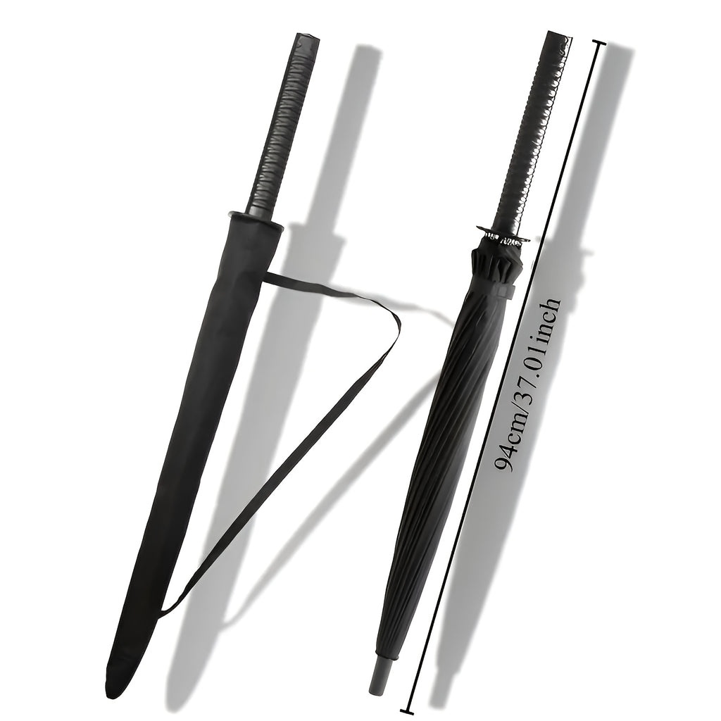 Parapluie à Manche Épée de Samouraï Créatif - Parapluie Pliant Coupe-Vent à 16 Nervures, Ouverture\u002FFermeture Semi-Automatique, Dôme Durable en 190T & Cadre en Fibre de Verre, Portable pour Voyage & Cadeau d'Anniversaire, Noir Élégant, Design Compact