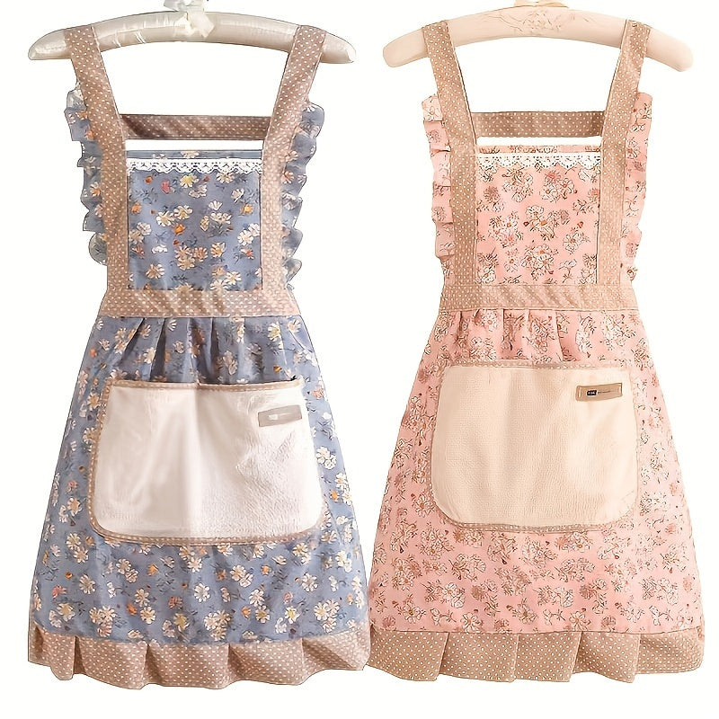 Floral Lace Princess Apron with Hand Wipe Pocket - Polyester, Adjustable Straps, Ruffled Hem, Ideal for Kitchen, Living Room, Bathroom Cleaning | Available in Pink & Green