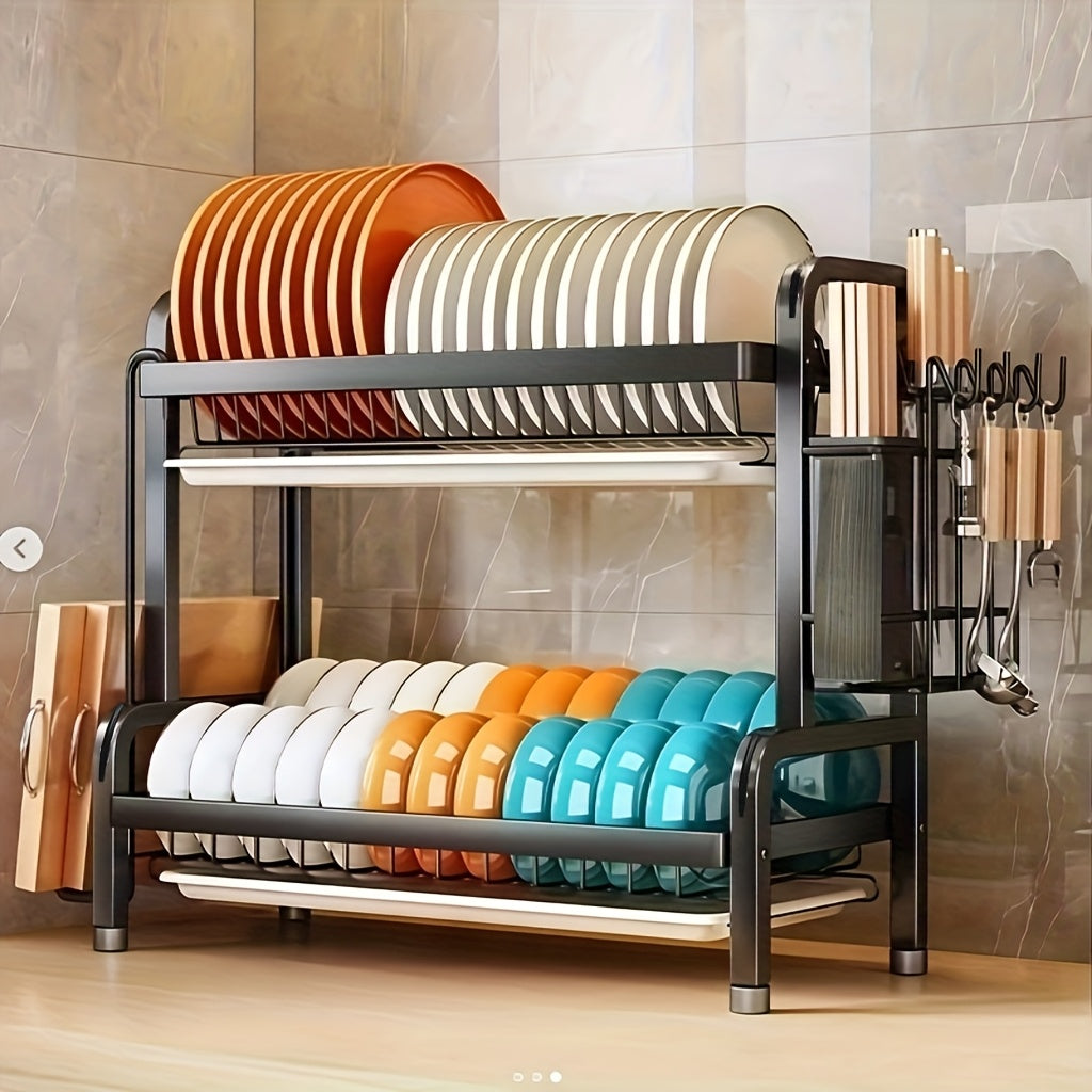 1pc Large Kitchen Double Layer Storage Rack, Quick Drain Multi Layer Storage, with Knife and Fork Holder, Cutting Board Holder, No Wet Tabletop - Multifunctional Tableware Rack, Suitable for Bowls, Plates and Tableware, etc
